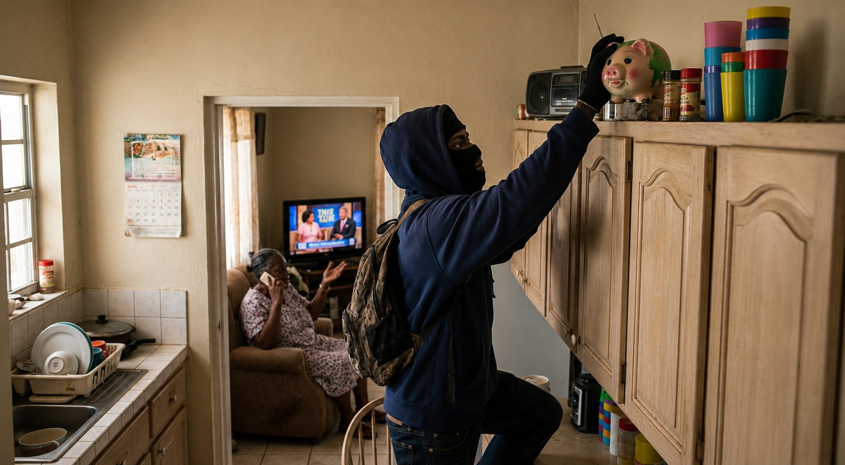 A masked man in a hoodie and backpack reaches for a piggy bank on top of the kitchen cabinets while an older woman talks on the phone in the next room, television on.