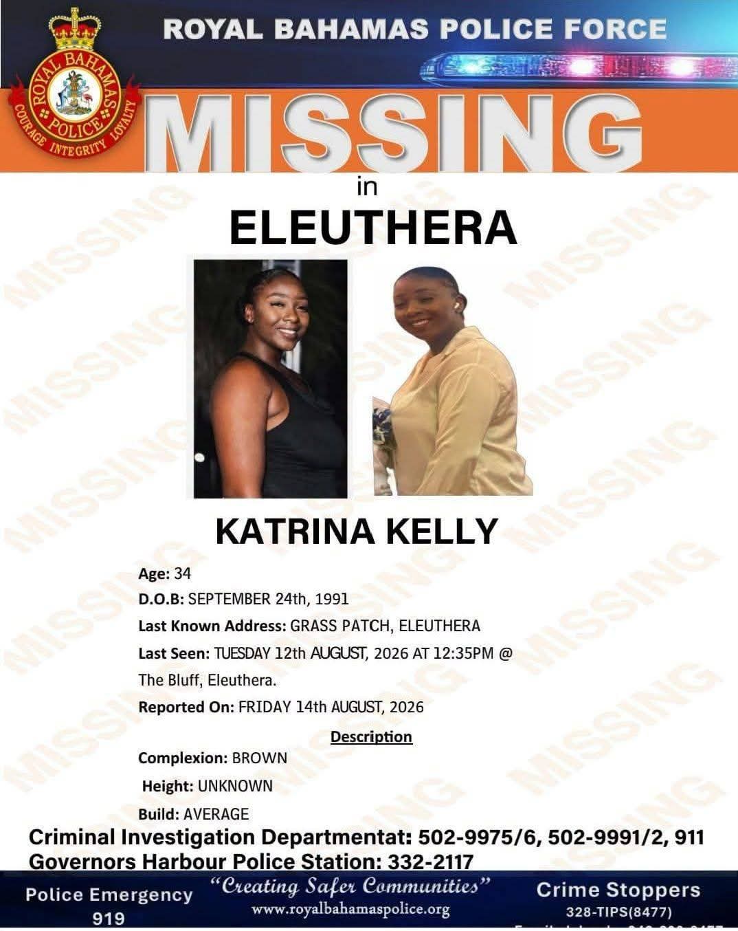 Royal Bahamas Police Force missing person notice for Katrina Kelly, issued 14 August 2026