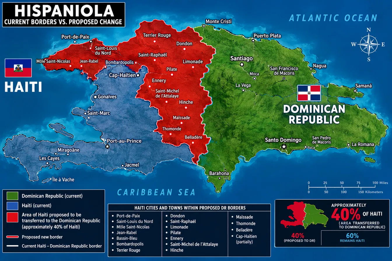 Map of Hispaniola showing the current Haiti-Dominican Republic border and the territory a Dominican party proposes to transfer to the Dominican Republic