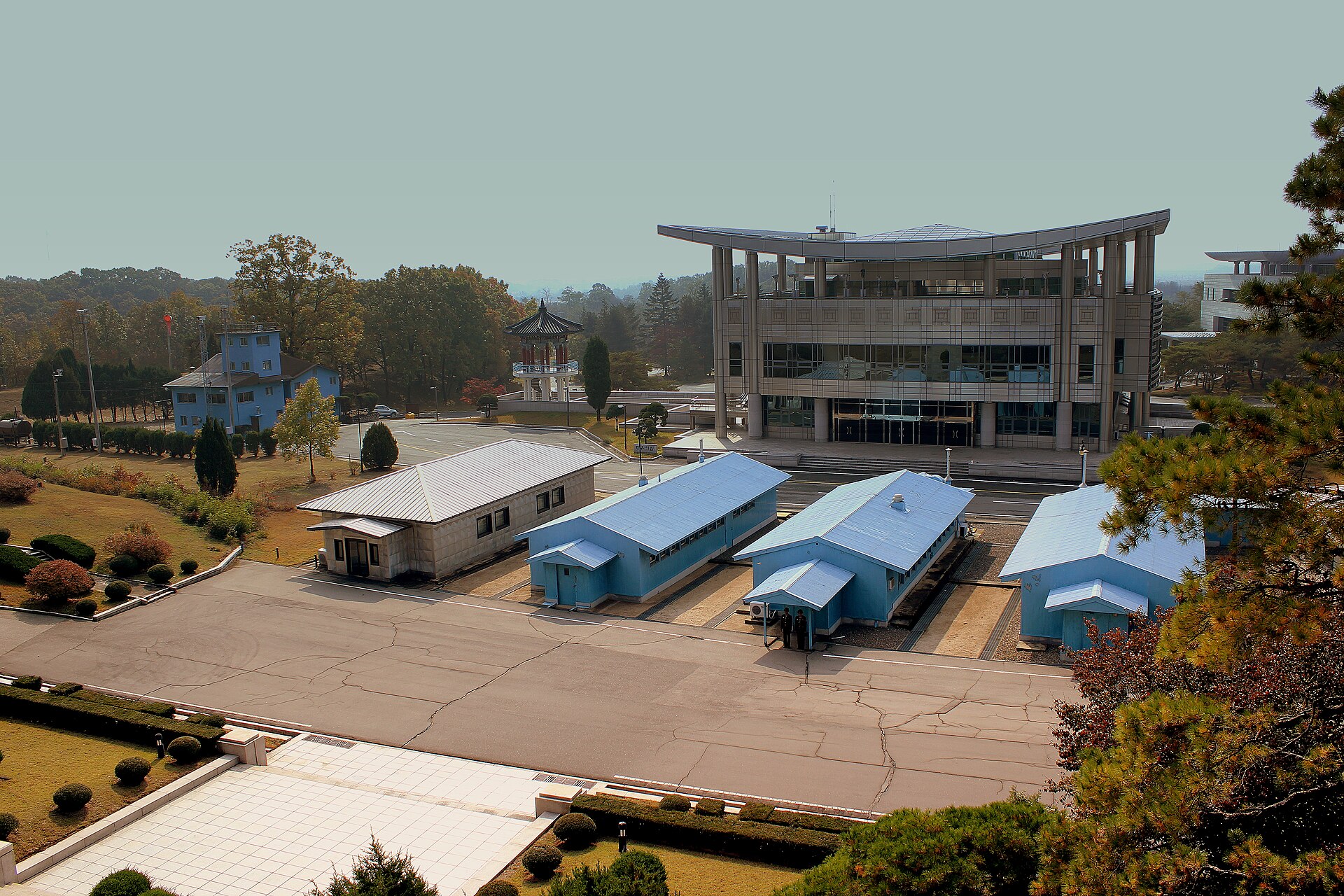 The blue conference huts at Panmunjom in the Demilitarized Zone between North and South Korea