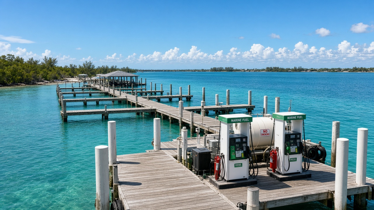 A Bahamian marina in Abaco with many empty slips and only a few small boats tied up, a fuel dock in the foreground, the Sea of Abaco beyond