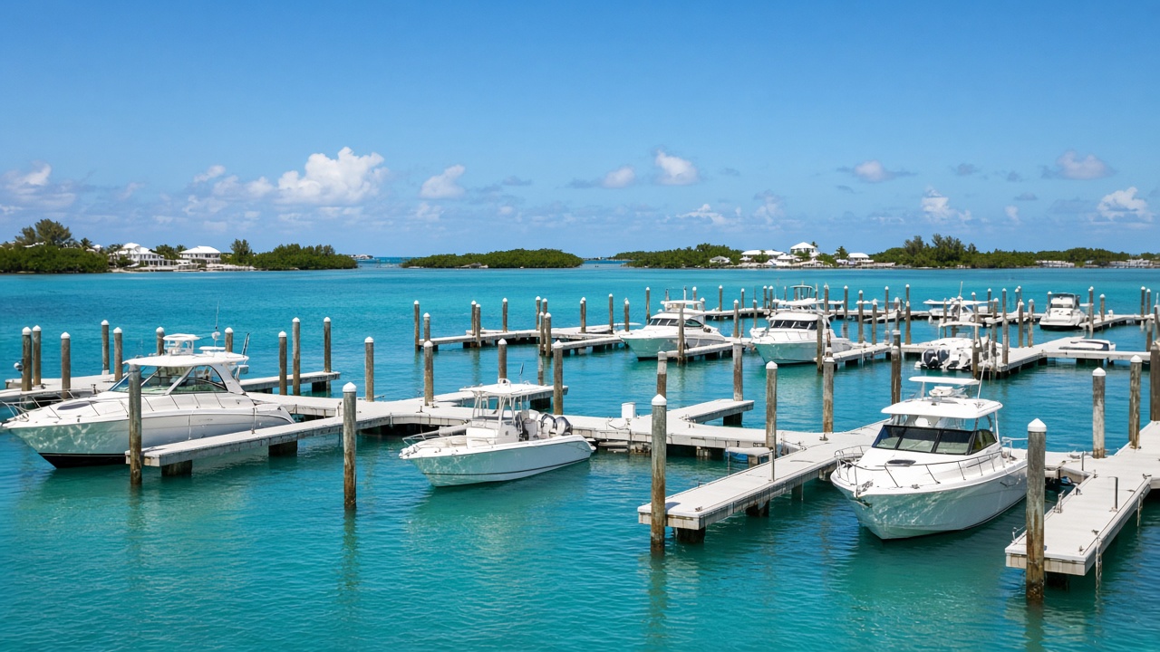 A quiet Abaco marina at midday: empty slips, white fibreglass hulls at rest, turquoise water and low cays beyond, no people and no brand names