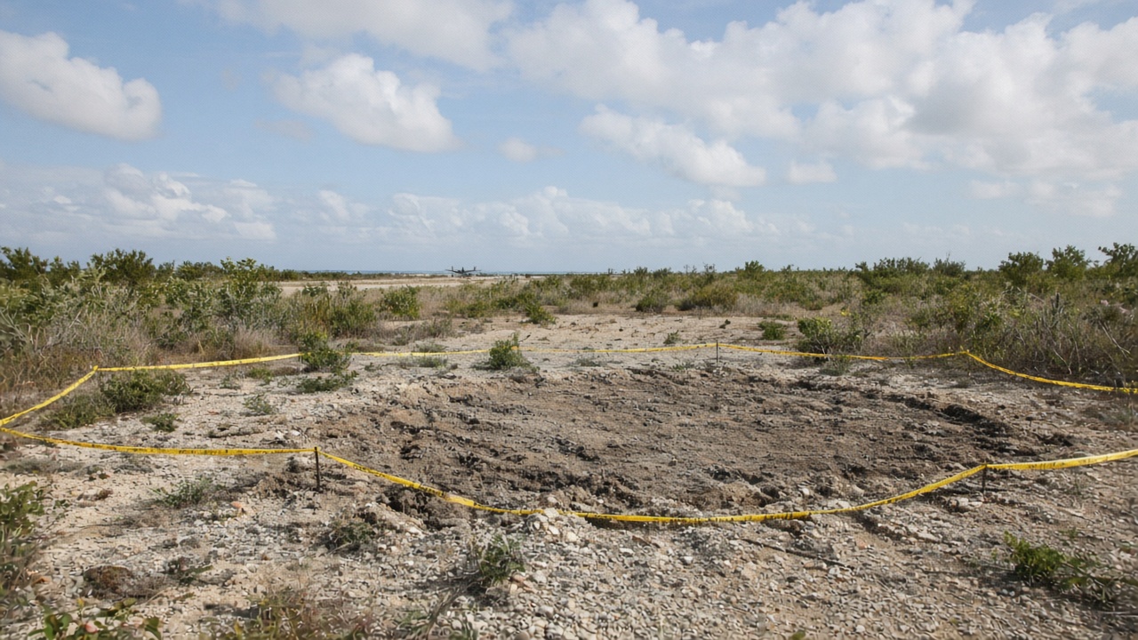 Remote Bahamian scrubland airfield edge on Acklins: wreckage-free cleared crash area marked by caution tape only, distant small plane silhouette optional, no people, daytime, no readable text