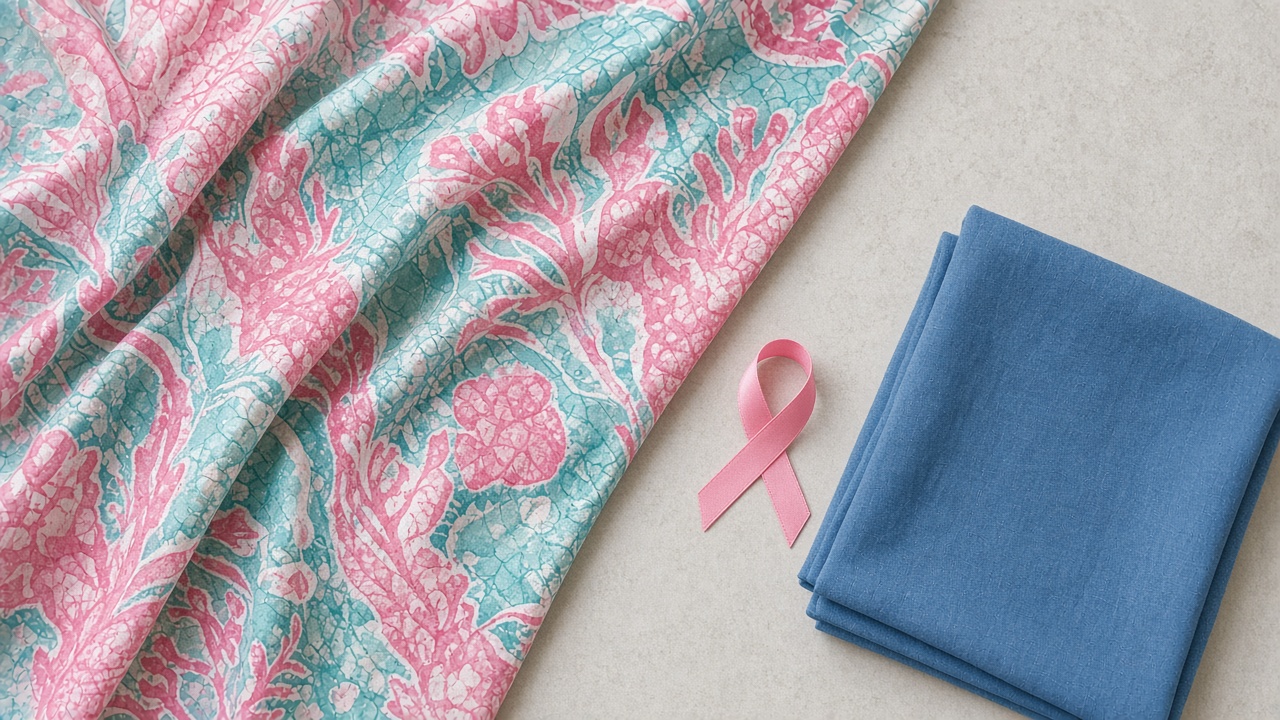 Flat-lay of Bahamian Androsia-style batik fabric in pink and aqua patterns beside a folded blue garment and a simple pink awareness ribbon, soft daylight, no logos, no people