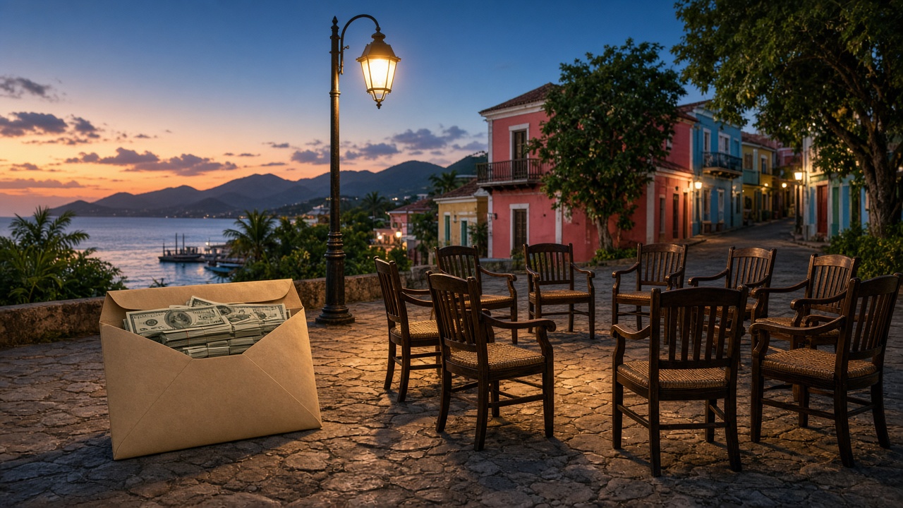 Cash offered across a table under porch light