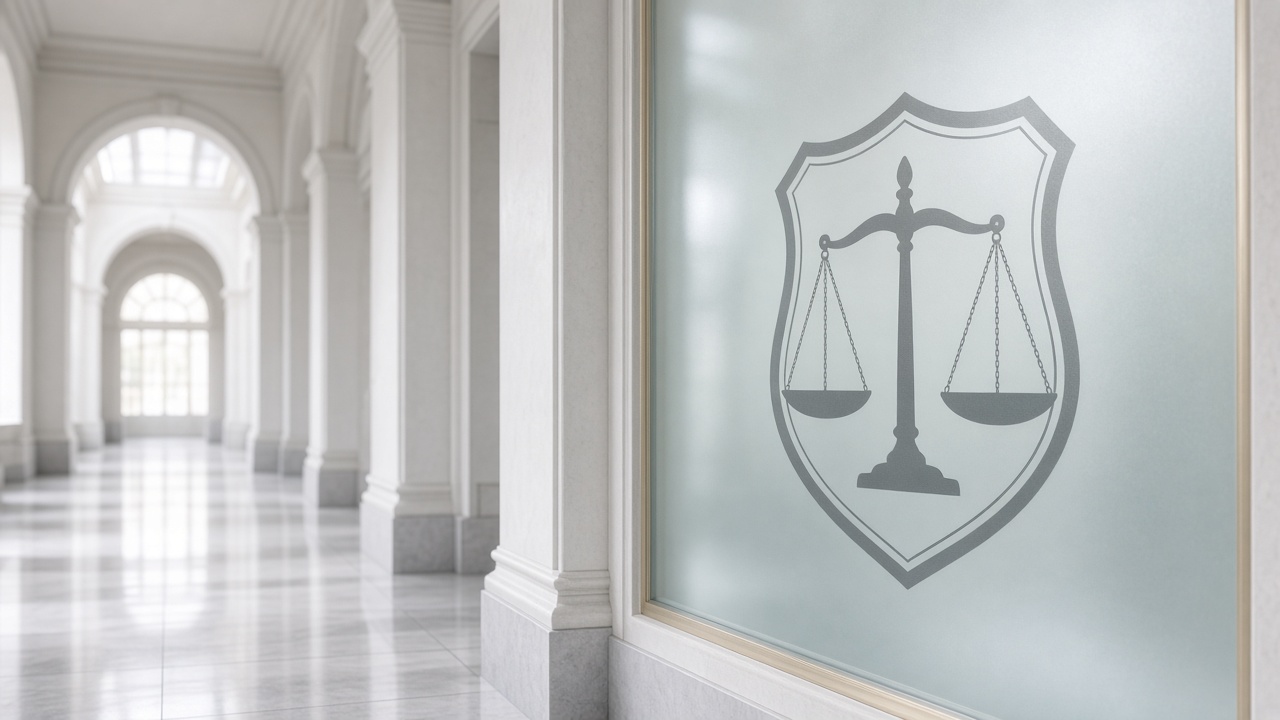 Scales of justice in a bright corridor