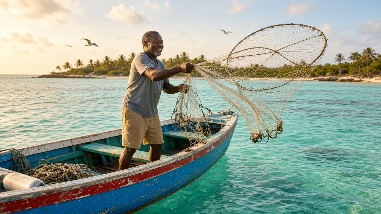 Bahamian fisherman casting a net from a small wooden boat on turquoise water
