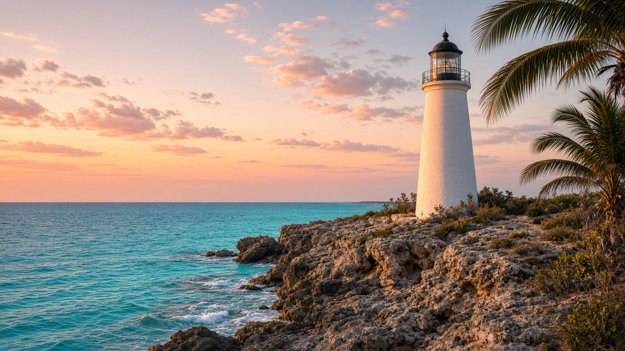 Bahamian lighthouse on rocky shore at golden hour