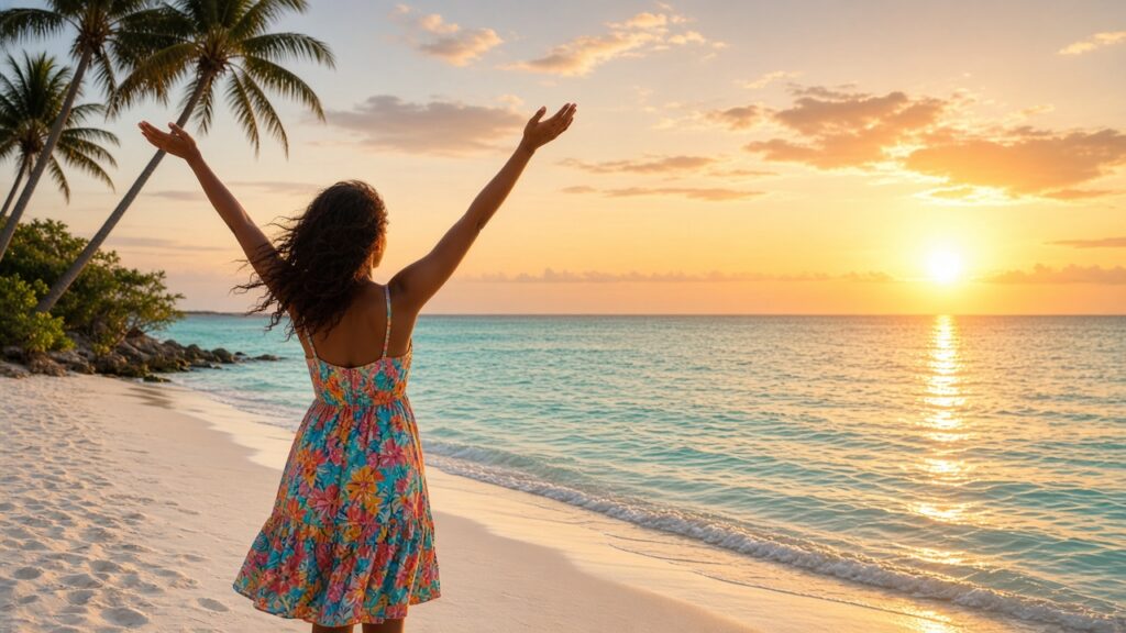 A woman celebrating the sunrise on a Bahamas beach (AI illustration)