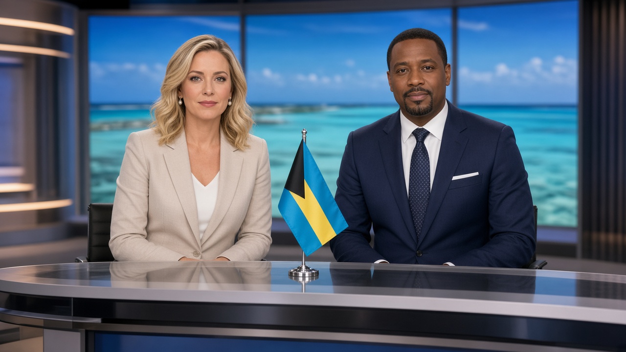 The Bahamas Islands Briefing hosts at the Pop Da News desk with a Bahamas flag