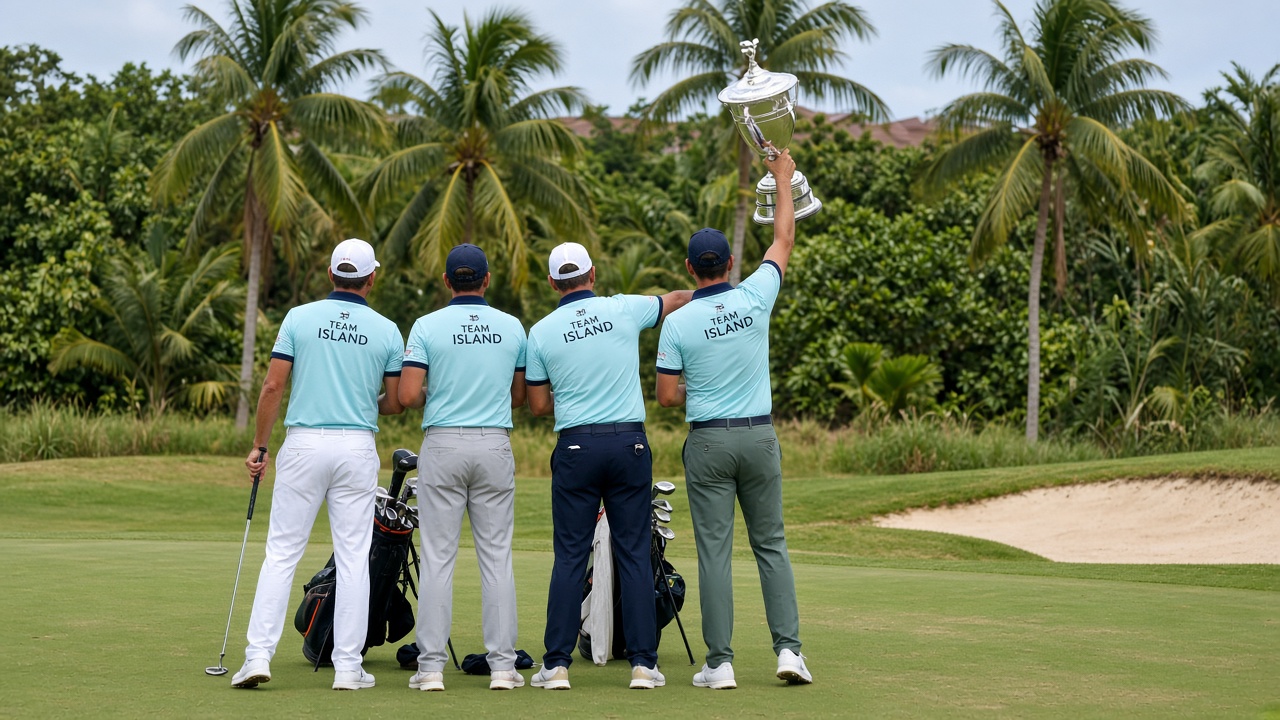 A group of golfers in matching team shirts celebrating with a silver trophy on a tropical golf course green with palm trees, faces not identifiable