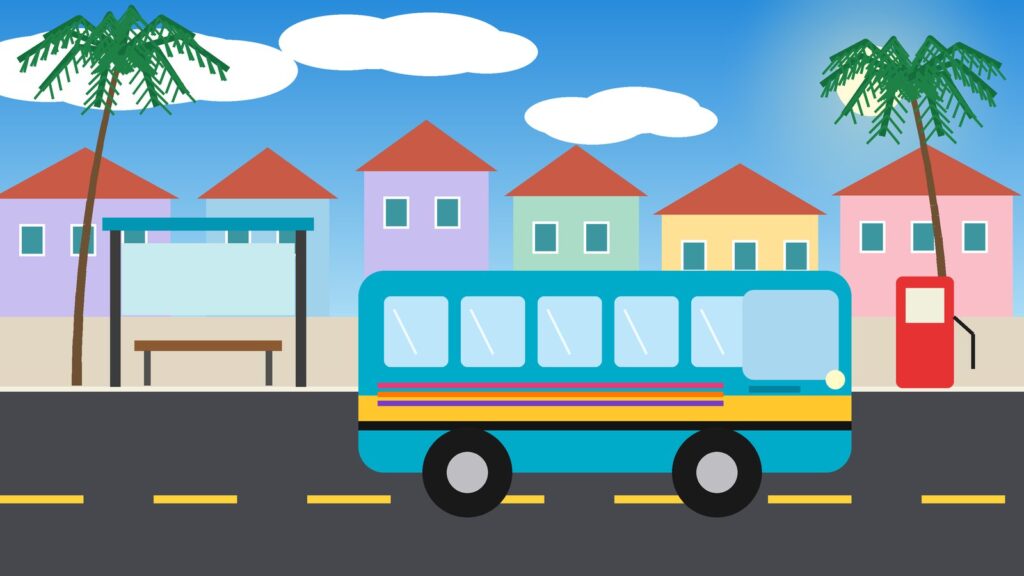 Colourful illustration of an empty Bahamian jitney bus in aquamarine and gold parked at a roadside bus stop with a shelter, palm trees, pastel houses and a bright blue sky, with a fuel pump nearby