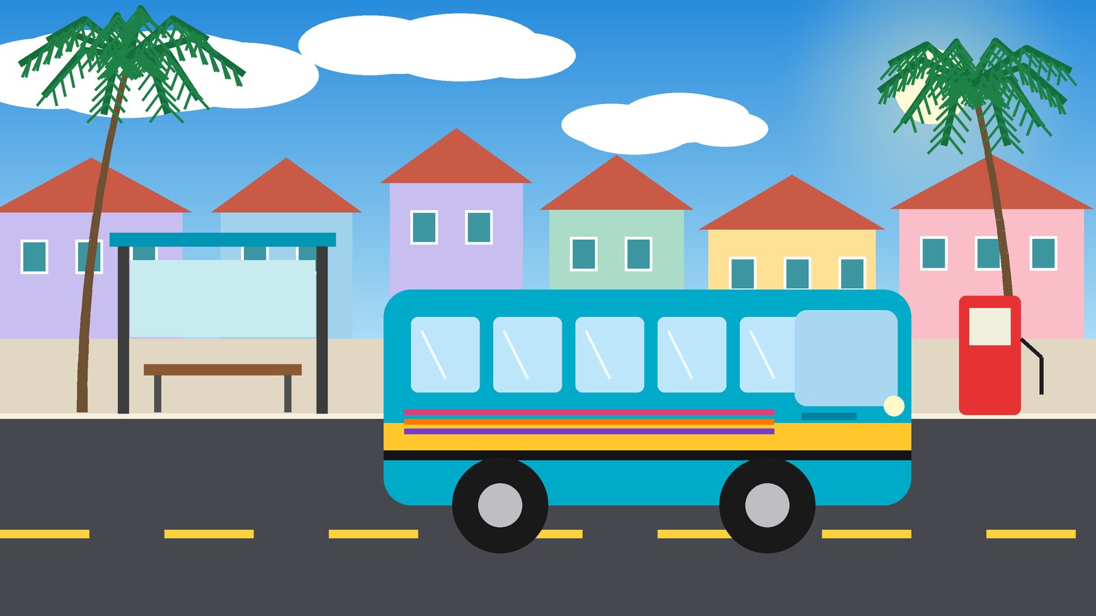 Colourful illustration of an empty Bahamian jitney bus in aquamarine and gold parked at a roadside bus stop with a shelter, palm trees, pastel houses and a bright blue sky, with a fuel pump nearby