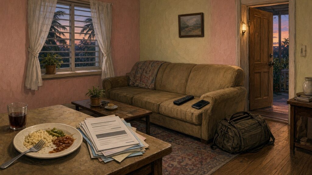 Painted illustration of a small Bahamian living room at dusk with unpaid bills on a table, a phone and remote on the couch, and a packed bag by an open door