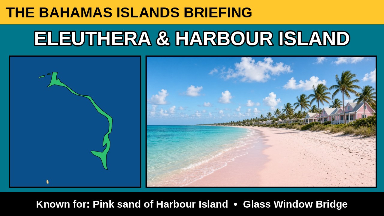 Eleuthera island card: name, real island outline map and what it is known for