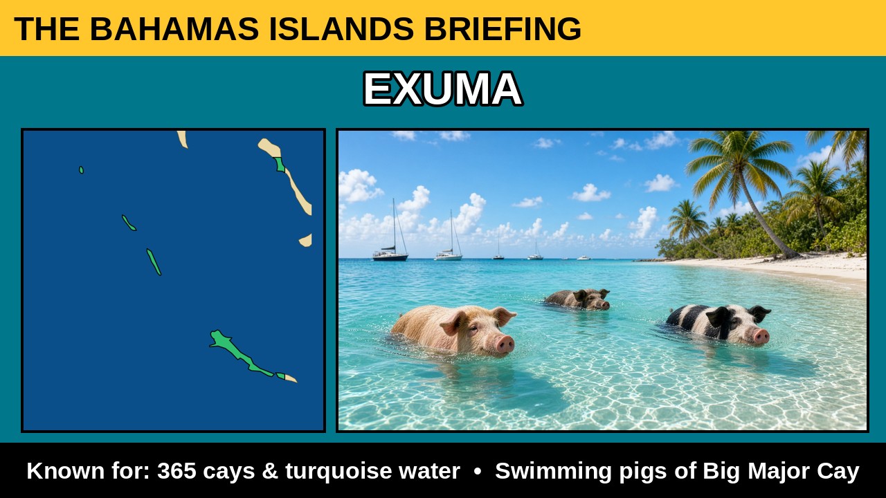 Exuma island card: name, real island outline map and what it is known for