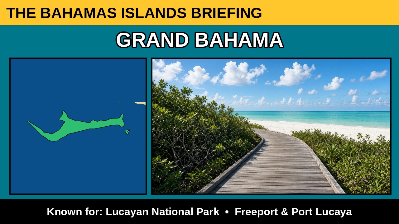 Grand Bahama island card: name, real island outline map and what it is known for