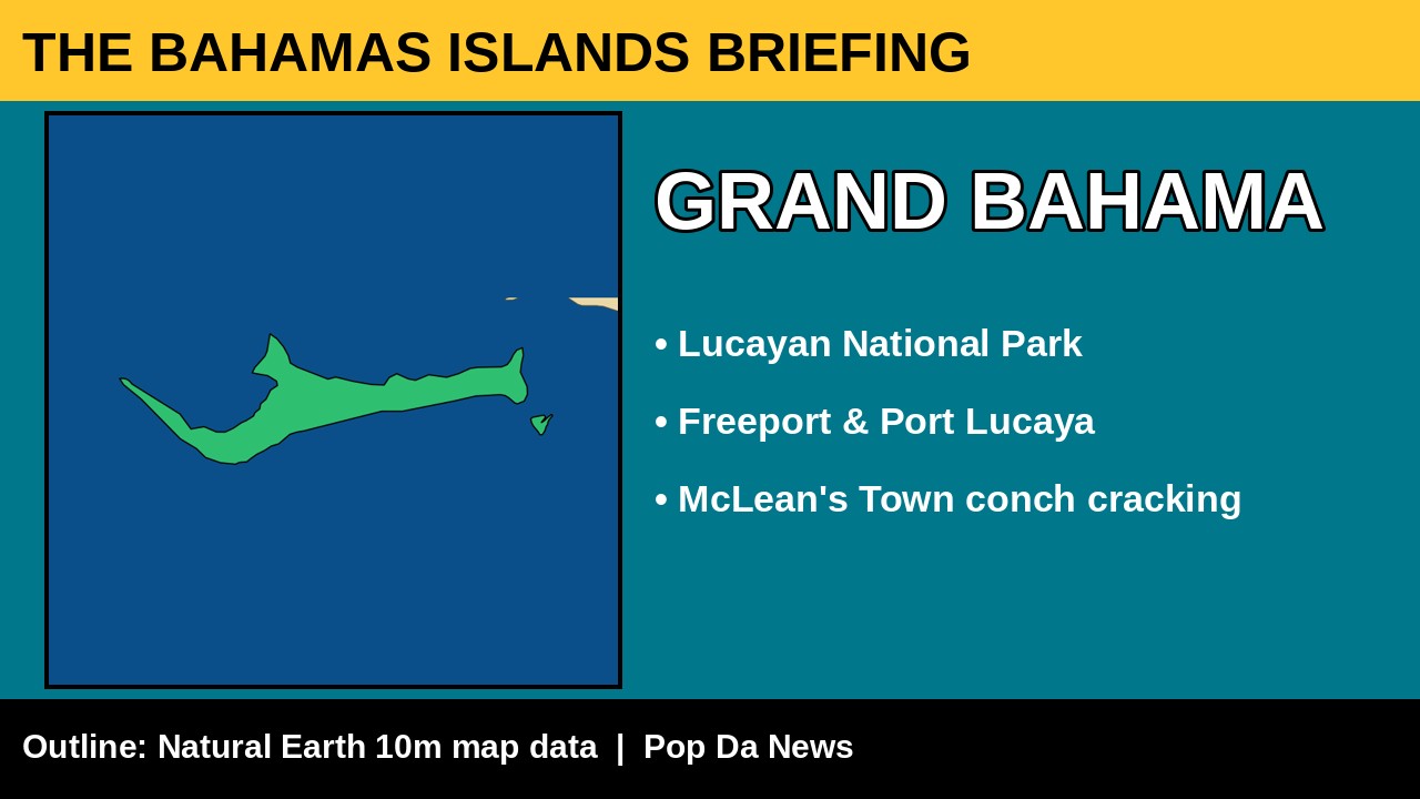 Grand Bahama island card: name, real island outline map and what it is known for