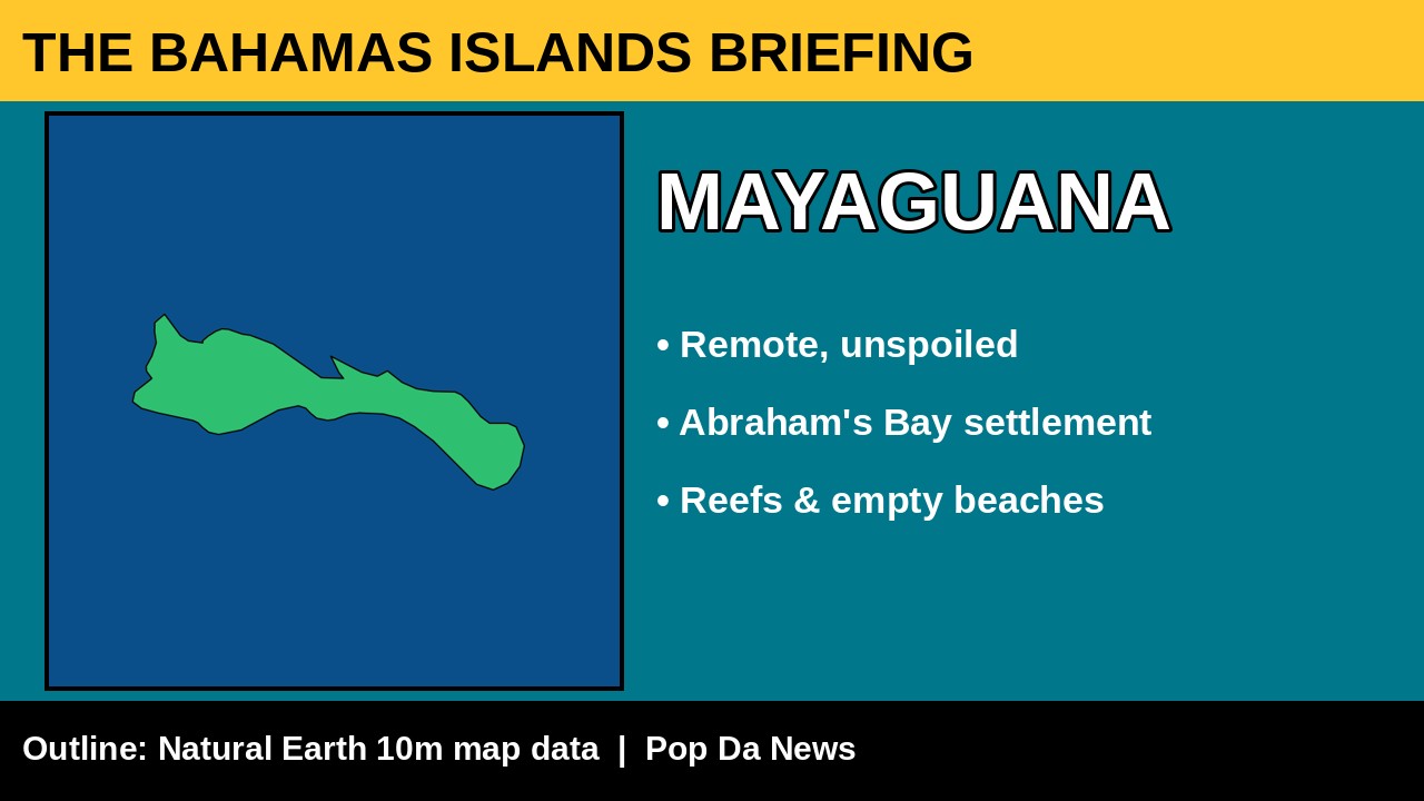 Mayaguana island card: name, real island outline map and what it is known for