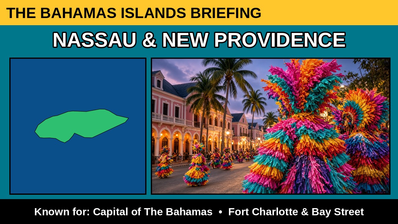 Nassau and New Providence island card: name, real island outline map and what it is known for