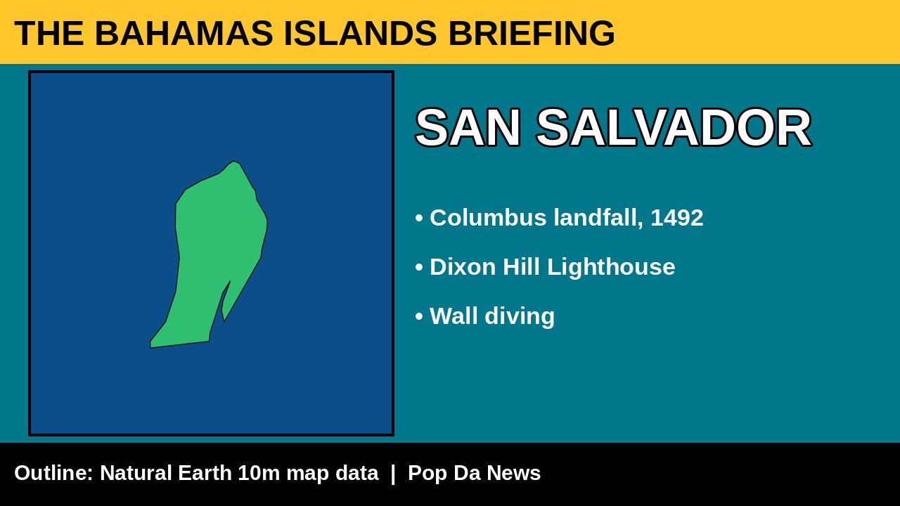 San Salvador island card: name, real island outline map and what it is known for
