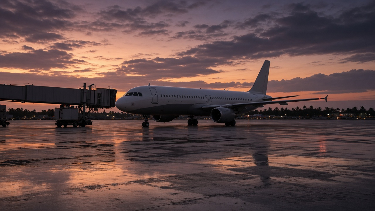 Commercial airliner parked on a warm tropical airport tarmac at dusk, boarding bridge disconnected, empty apron, no airline logos readable and no people
