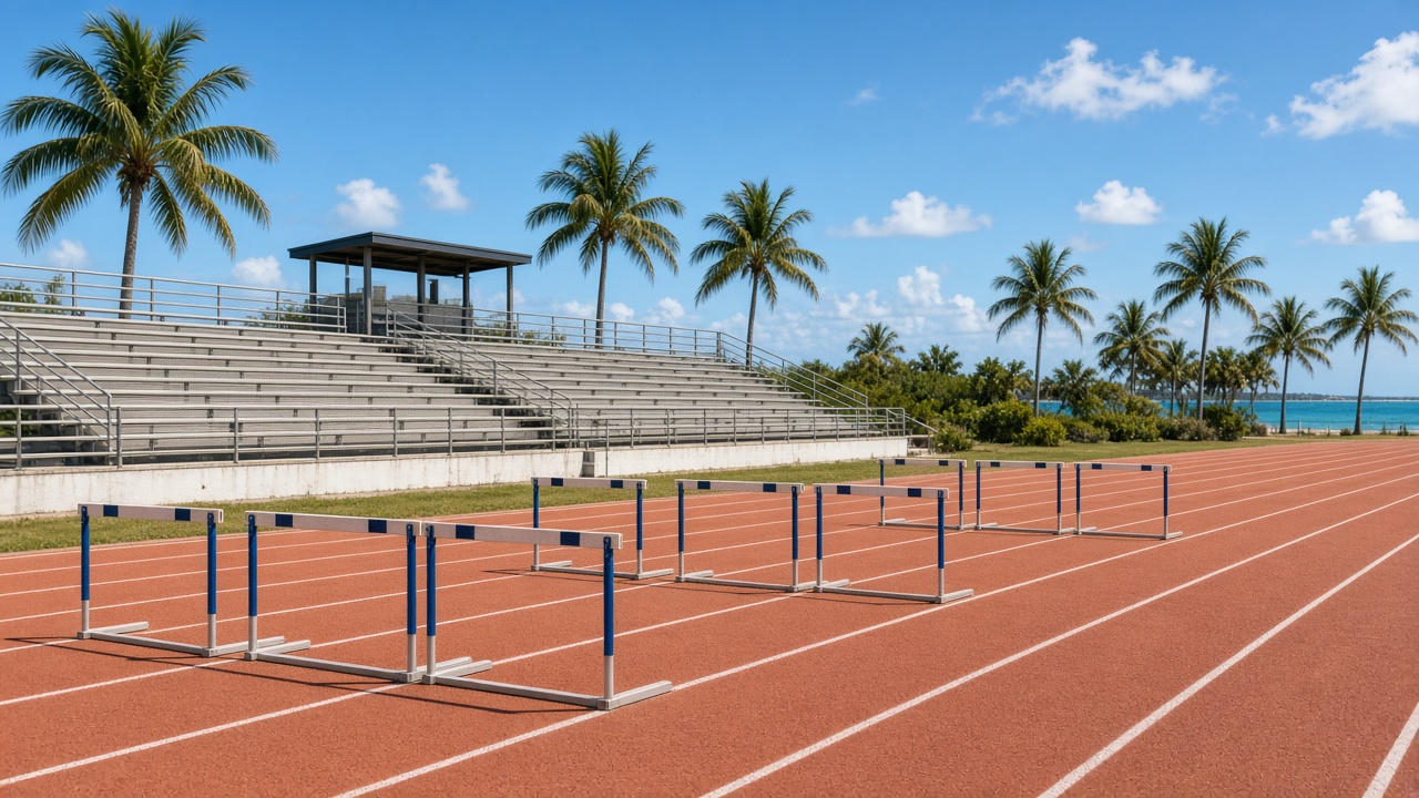 Outdoor high-school track in Eleuthera, Bahamas: hurdles set on a sunlit lane, empty bleachers, palm trees, no identifiable athletes, daytime