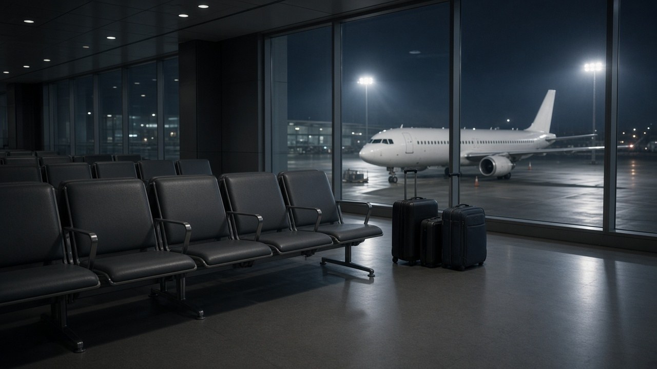 A quiet airport gate area at night with empty seats, a few suitcases by the window and a parked jet outside, no people