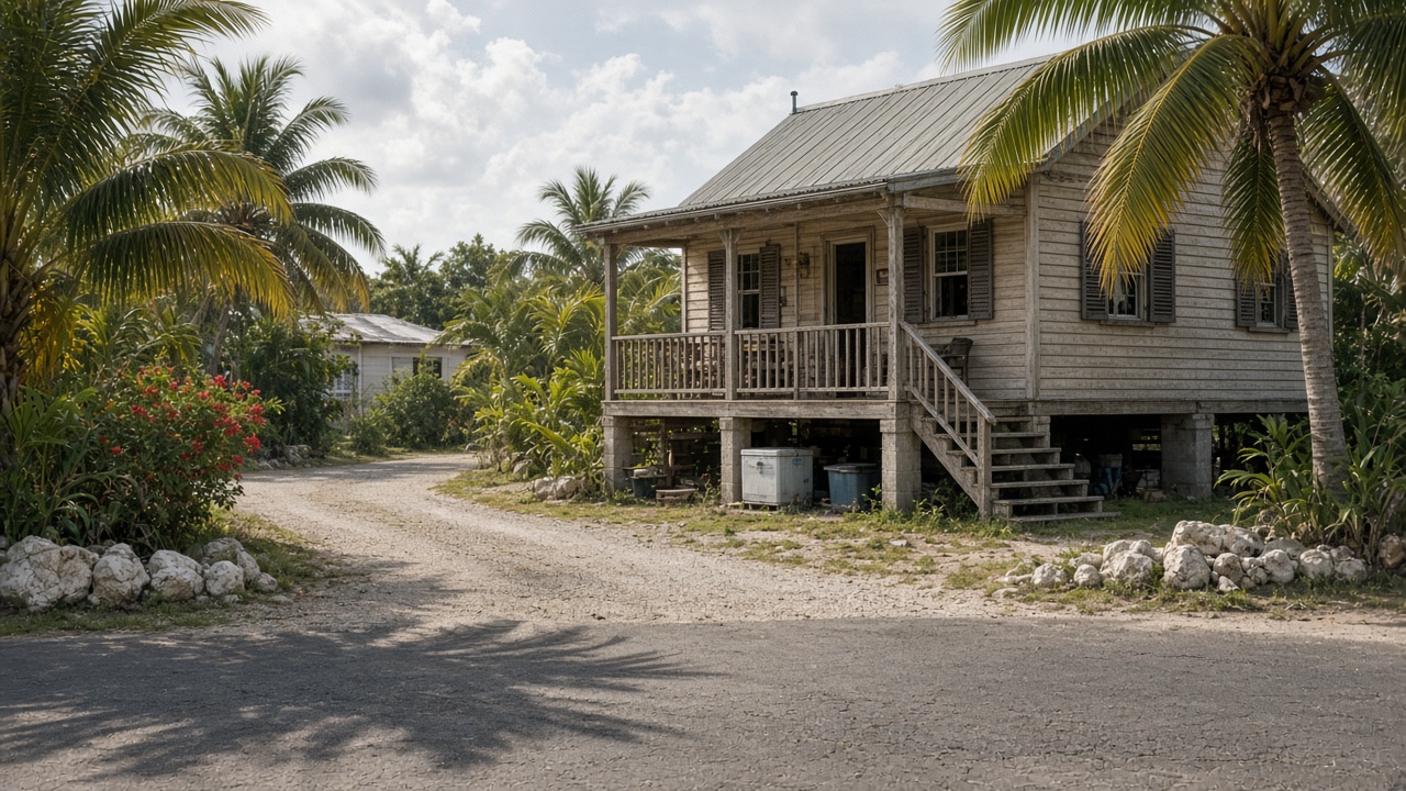 Quiet Eleuthera residential street under soft daylight with a wooden island house and empty driveway, suggesting household life disrupted by unreliable electricity, no people, no utility logos