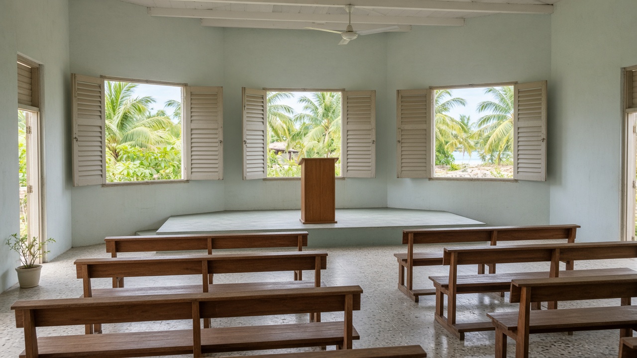 Modest pastel community hall on Eleuthera prepared for a youth local-government oath ceremony: empty wooden benches, a simple flag-free podium, open shutters looking onto palms and bright daylight, no people and no readable signs