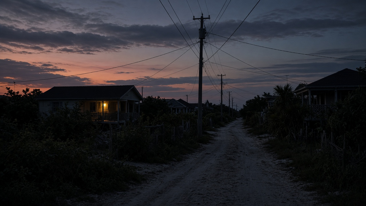 A quiet Eleuthera settlement road at dusk with houses dark during a power outage, utility poles and lines silhouetted, one home lit by a small generator
