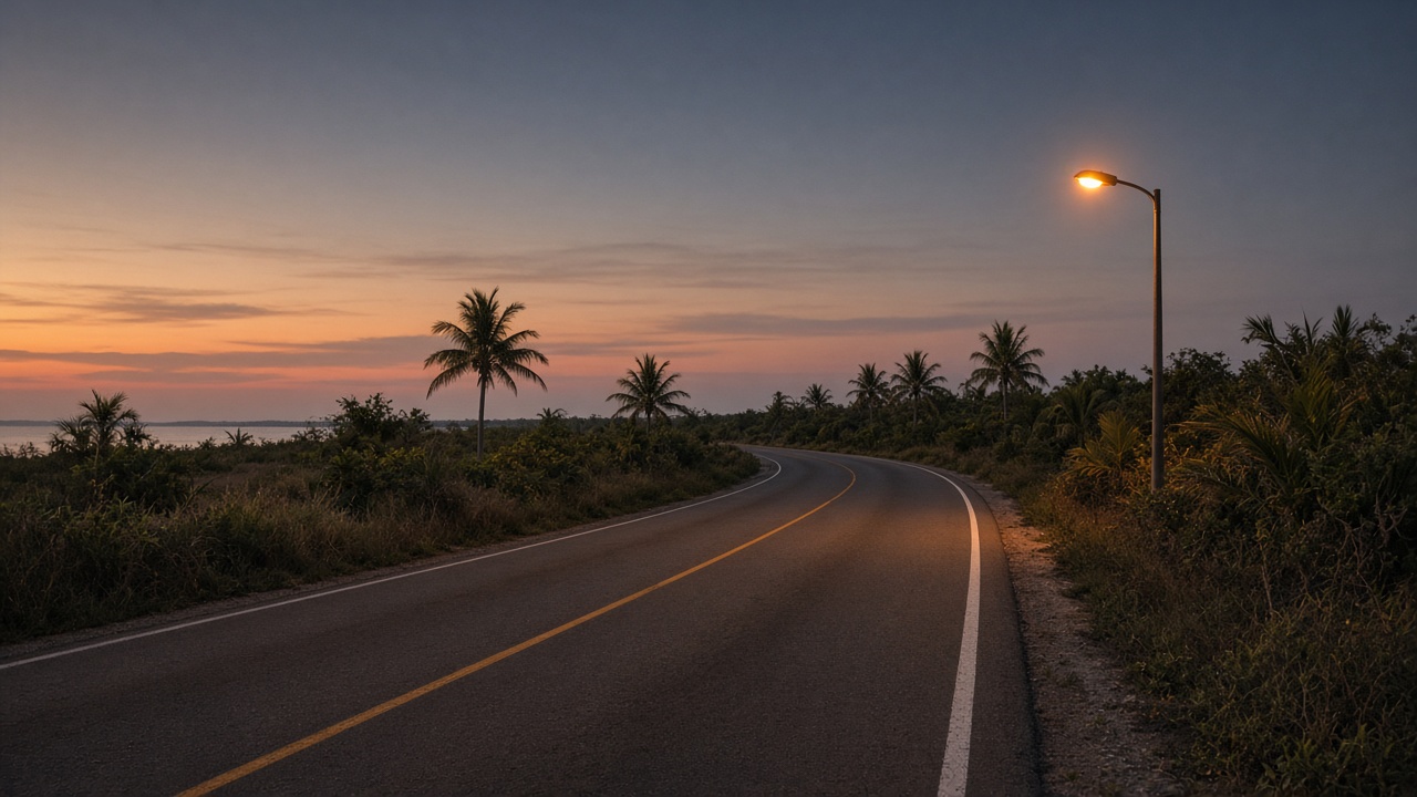A quiet stretch of Queen’s Highway on Eleuthera at dusk: empty two-lane road through low scrub and palms, soft amber streetlight glow, no vehicles and no people