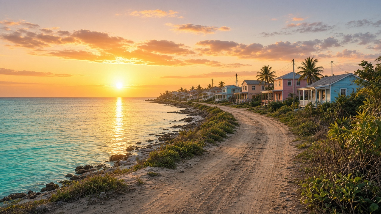 Sunrise over turquoise water and a quiet settlement road