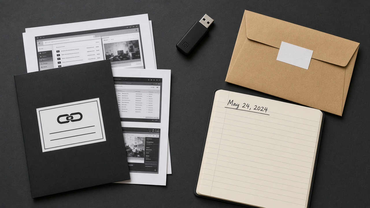 Notebook, USB drive, prints and a sealed envelope on a desk