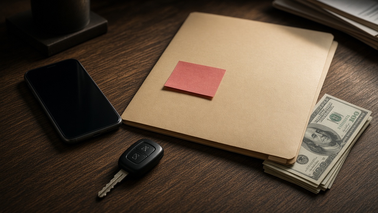 Folder, phone, keys and cash arranged like a built file