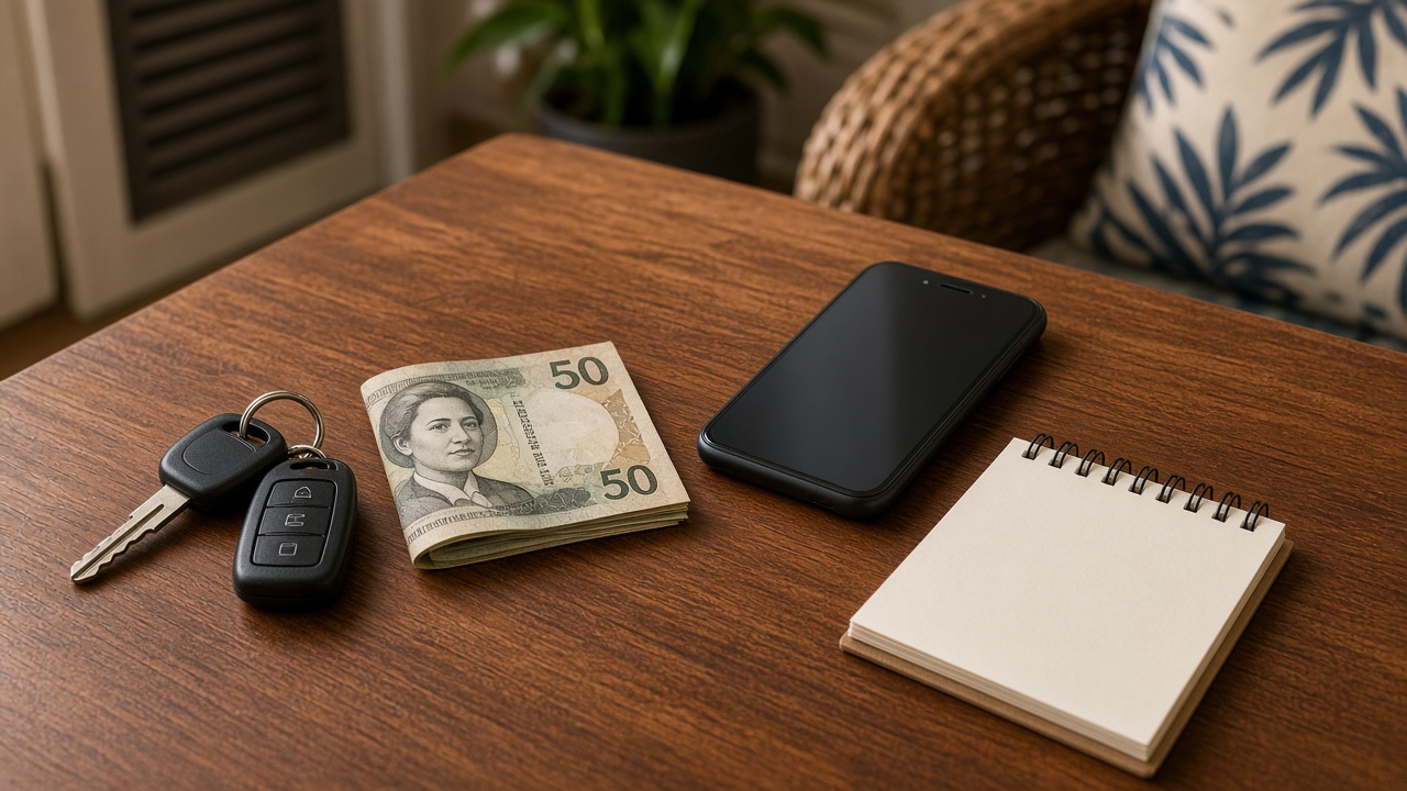 Car keys, cash and a phone on a wooden table