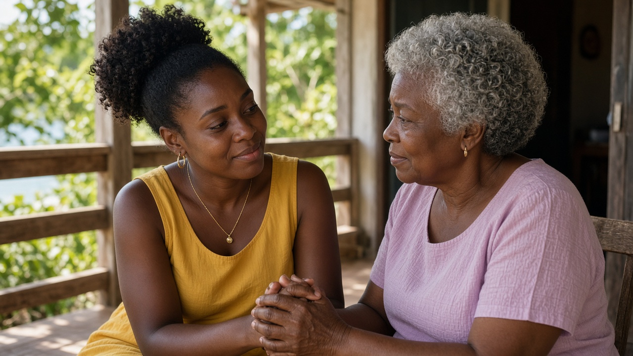 Confiding in a trusted elder on a sunny porch