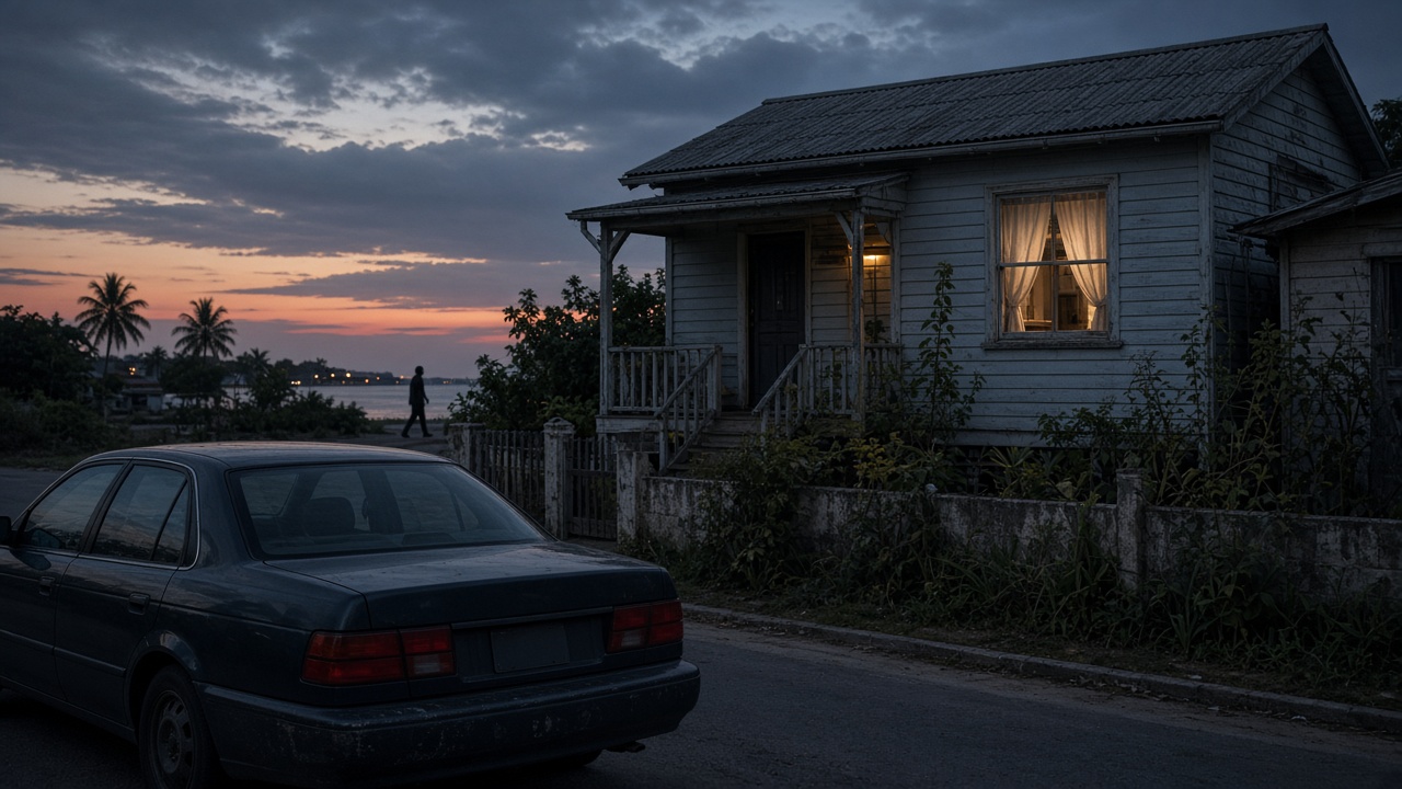 A watched house at dusk with a parked car nearby