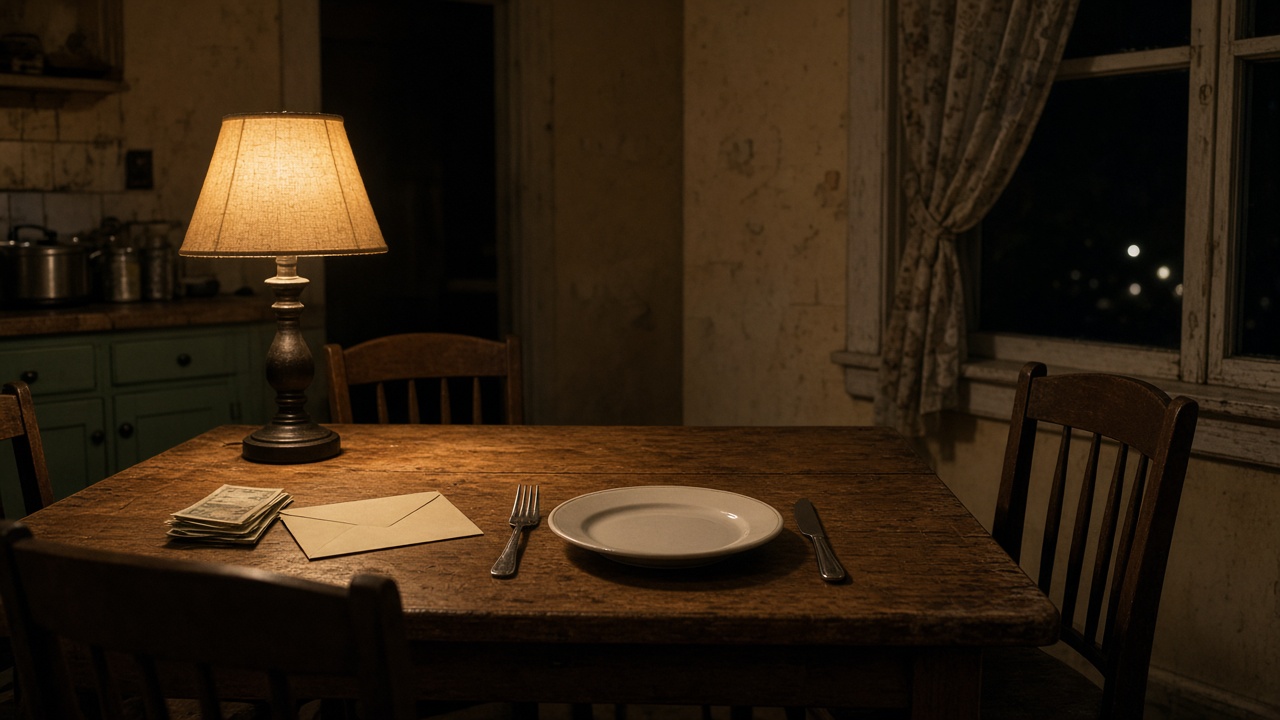 Cash beside a bill envelope at a lonely kitchen table