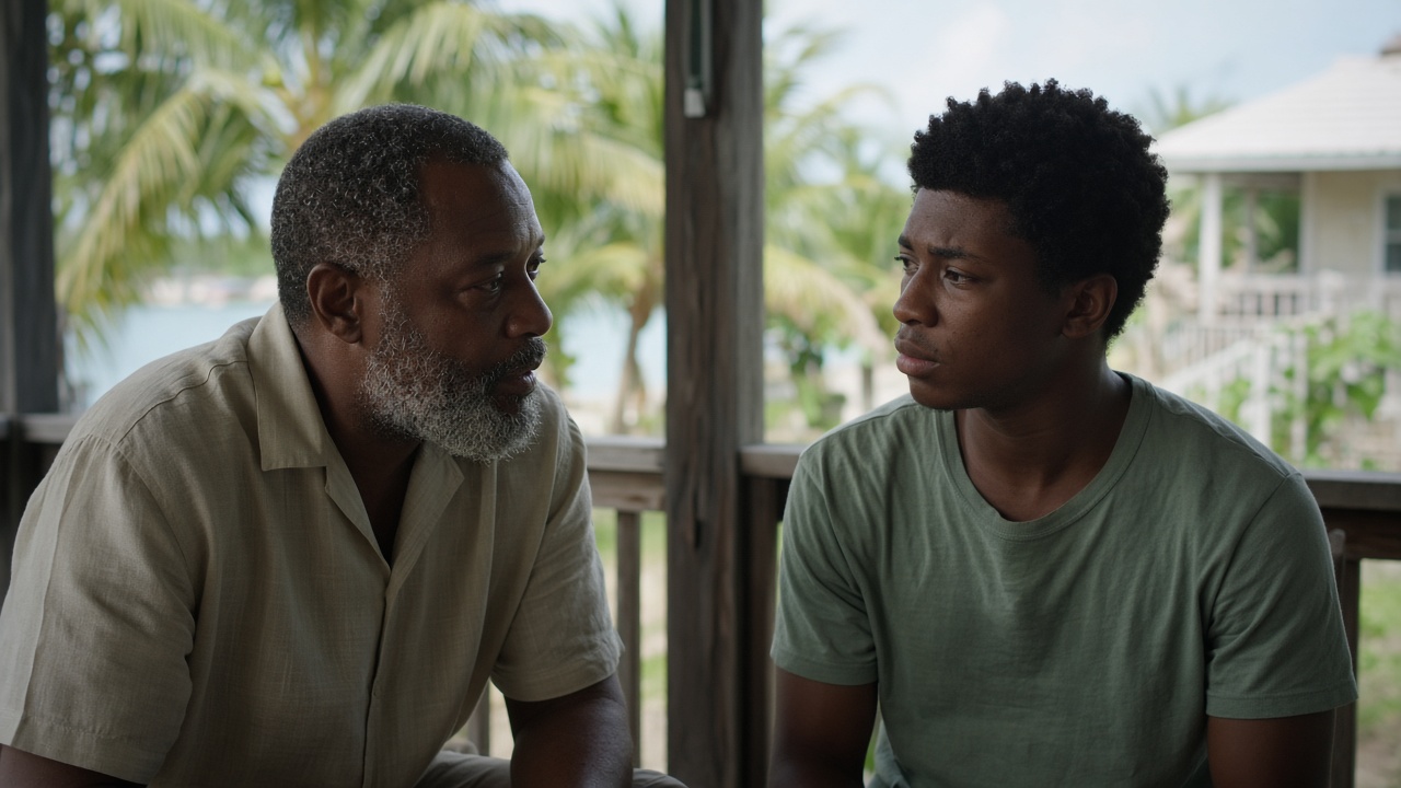 A persuasive conversation on a shaded porch