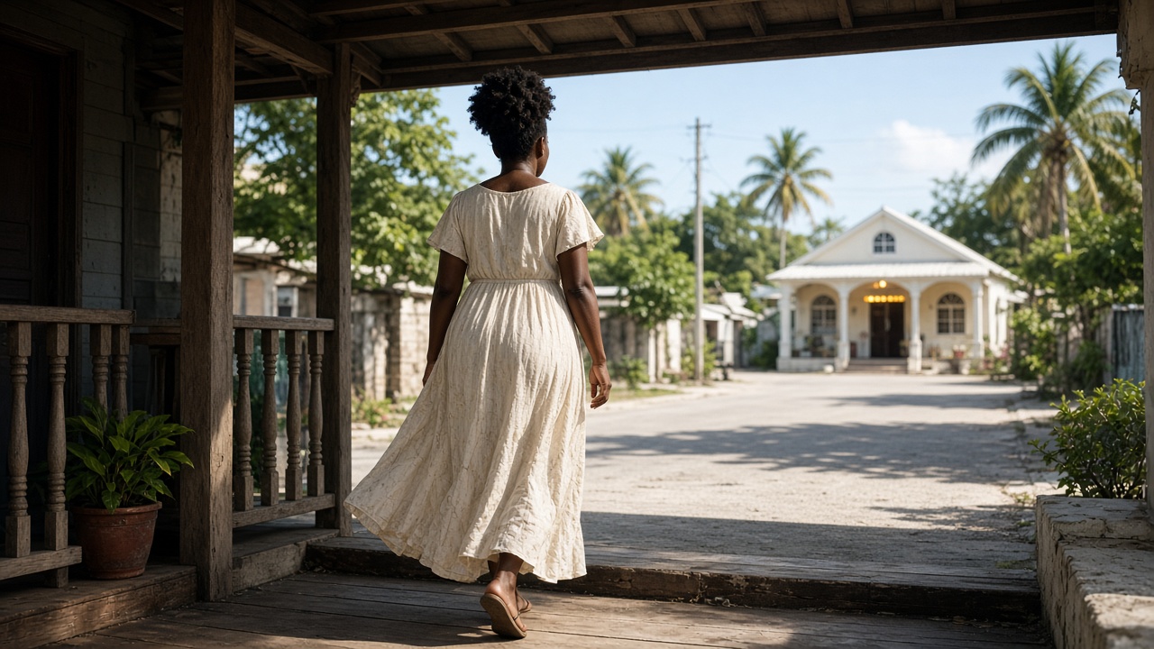Walking from a shaded porch toward community light