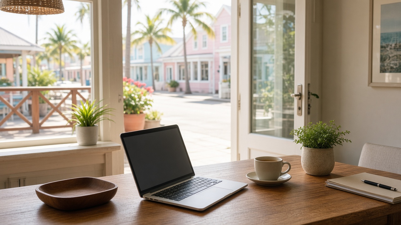 Quiet morning desk overlooking a Bahamian street