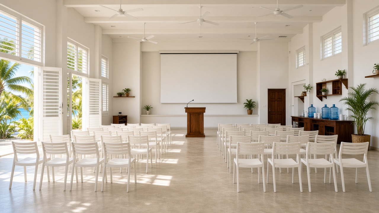Bright Bahamian community centre hall in George Town, Exuma: empty white chairs facing a wooden podium and blank projector screen, Caribbean sunlight, no people, no readable text