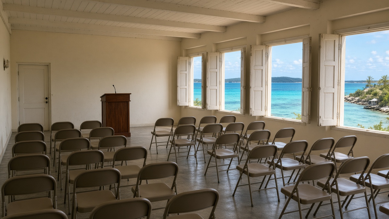 A modest island community hall in George Town, Exuma, set up for a business forum: rows of empty folding chairs, a simple wooden podium, tall open windows looking out on turquoise Elizabeth Harbour, warm daylight, no banners, no people