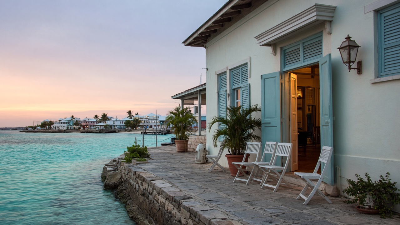 Calm George Town waterfront hall evening in Exuma before a community business forum: turquoise harbour edge, pastel shutters, empty chairs near an open doorway under soft late light, no people