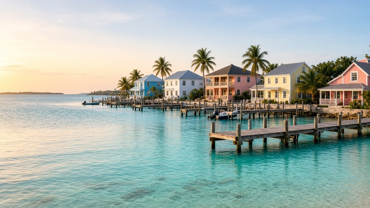 A calm George Town, Exuma harbour morning: turquoise shallows, small wooden docks, pastel waterfront buildings under soft sunrise light, no people and no readable signs