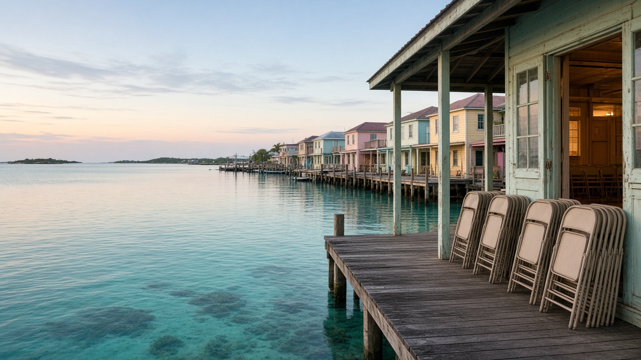 Calm George Town harbour in Exuma on the eve of a community business forum: turquoise shallows, wooden docks, pastel waterfront buildings under soft late-day light, empty folding chairs stacked beside an open hall doorway, no people