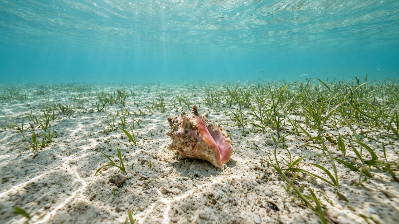 Underwater photo-style scene of juvenile queen conch resting on a seagrass and sand bottom in clear shallow Bahamian water