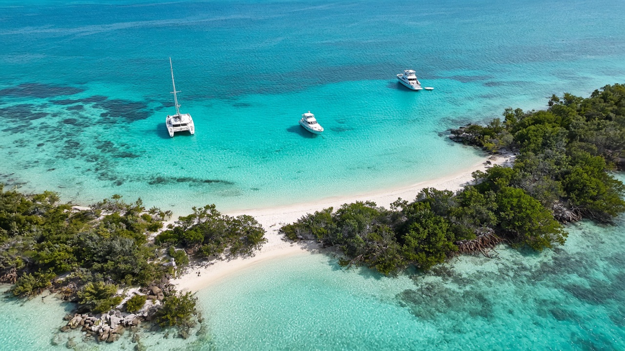 Aerial view of a shallow turquoise bay on a small Exuma cay with a sandy shoreline, mangrove edges and a few anchored boats, no construction shown