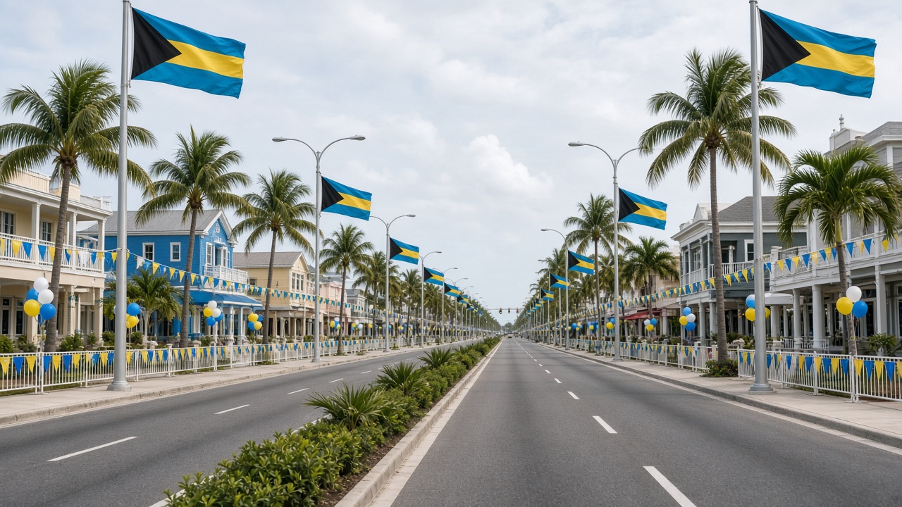 Wide Freeport boulevard under soft daylight with Bahamian flags and empty street decorations suggesting a just-finished youth march, no people, no readable logos
